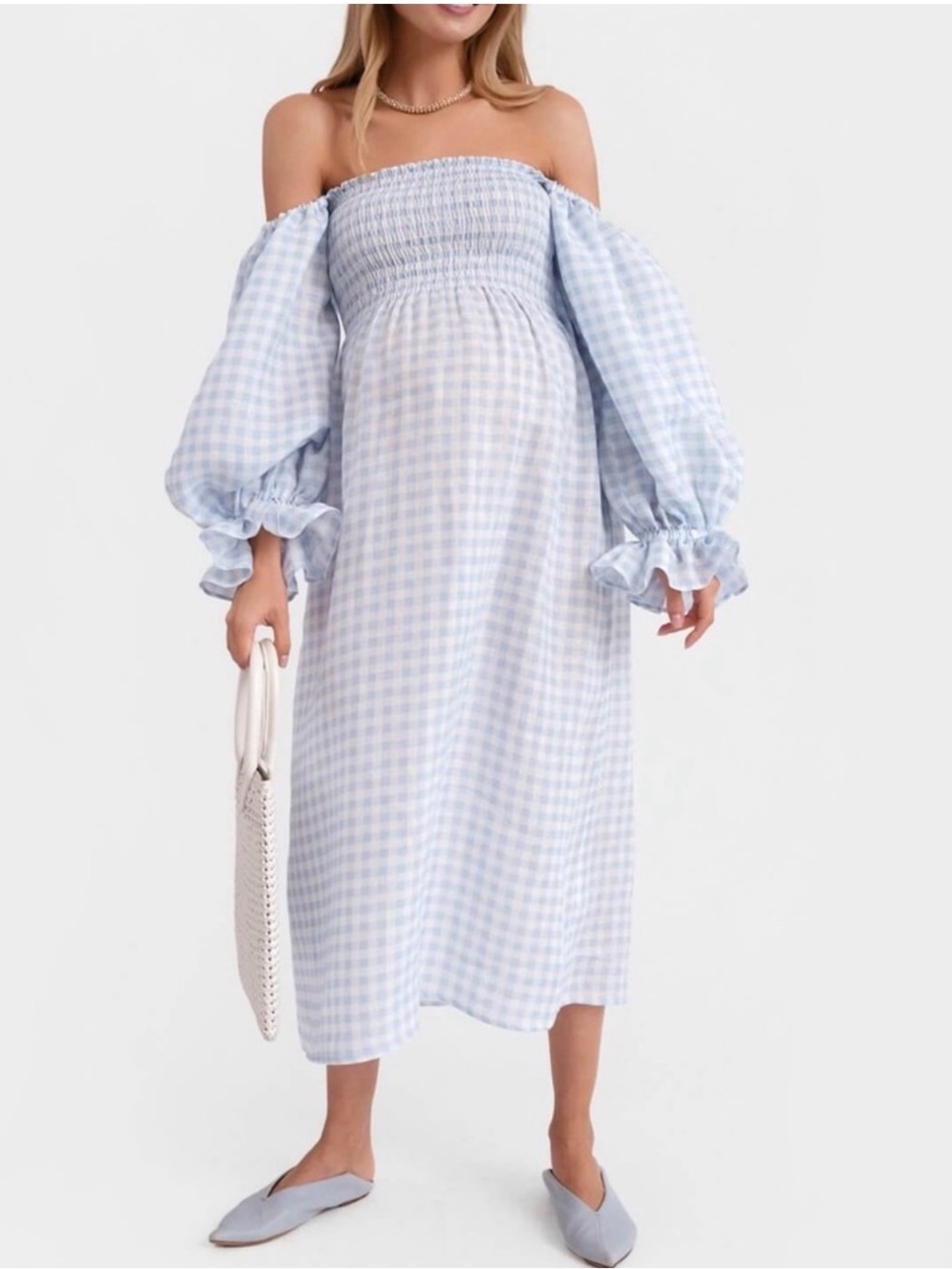 Sleeper Light Blue Gingham Off-Shoulder Smocked Midi Dress